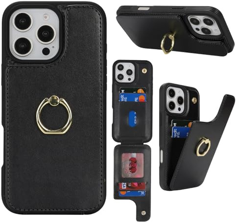 Cavor Phone Case compatible with iPhone 16 Pro Max Case With Card Holder,Flip Leather Wallet Case,Buckle Metal Ring Shockproof Cover Case compatible with iPhone 16 Pro Max - Black