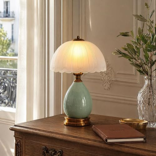 HvKvHvY Vintage Lampe für Wohnzimmer, moderne Keramik Tischlampen für Schlafzimmer, Retro Nachttisch traditionelle Lampen, klassische Chinoiserie grüne Lampe für Heimdekor(02)