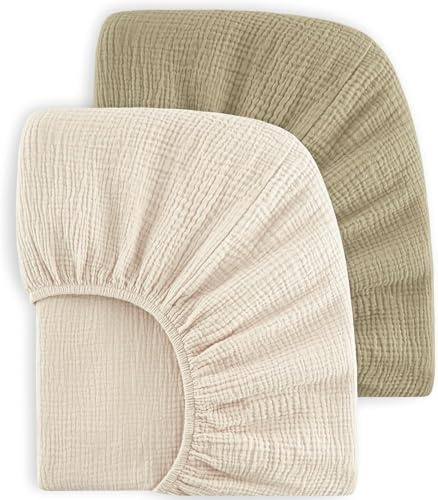 Bearmoss 2er Set Kinder Spannbettlaken,Musselin-Bettlaken 100% Baumwolle Baby-Bettlaken 60x120cm Reisebett Spannlaken Beistellbett Leintücher (Beige-Grün, 60x120cm)