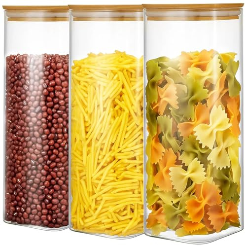 SUNNYNEST 3pcs Large Glass Storage Jars with Airtight Lids - 2100ml Clear Pantry Organizer Containers for Spaghetti, Pasta, Cereal, Flour, Rice & Dry Food, Kitchen Countertop Canisters (2100ml 3PCS)