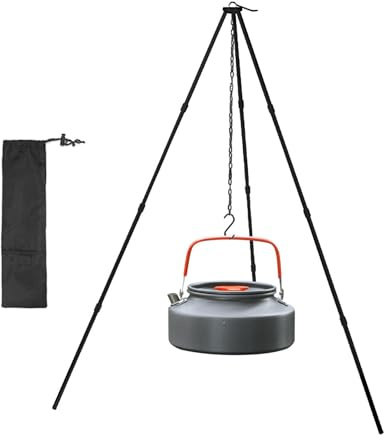 Tripod Cooker for Camping Adjustable Suspension Chain Foldable Lightweight | Camping Cookware Tripod Lightweight Portable Cooking Stove Stand Backpacking Survival Gear Outdoor Camp Equipment