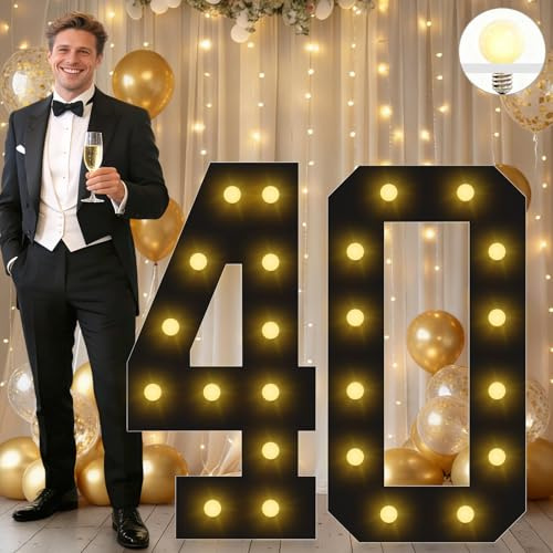 Vimlits Large 4FT Light Up Numbers Birthday Decoration, Black Marquee Number Sign for 40th Party Anniversary Backdrop Wedding Big Mosaic Number Frame Foam Cardboard Pre-cut Number 40