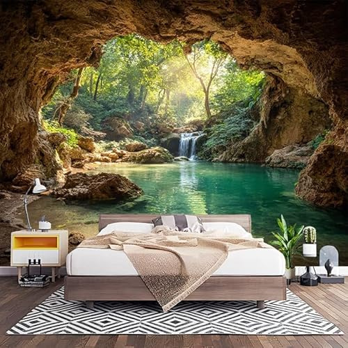 Chambre Papier Peint 3D PanoramiquePaysage Naturel 350x256 cm Papier Peint Intissé Mural Paysage de Grotte JungleièRe pour Salon Canapé TV Fond Décoration, Personnalisable Grande Taille