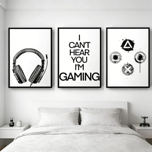 JORCEDI 3er Schwarz-Weiße Gaming Poster Set, Gaming Bilder Set, Moderne Wanddeko, für Schlafzimmer Teenager Spielzimmer Junge Schlafsaal, Ohne Rahmen (40 × 50 cm)