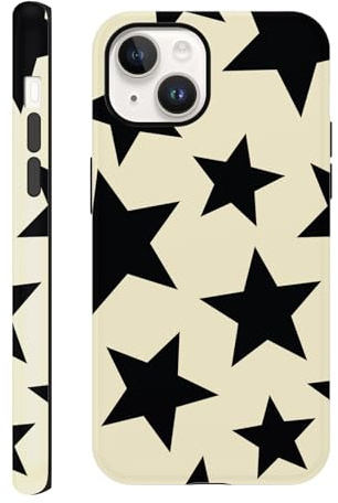Tivkofk Cute Print Case for iPhone 14/iPhone 13 6.1, Preppy Girly Aesthetic Dsign Star Pattern for Girl Women, Shockproof Slim Soft TPU and Hard PC Frosted Double Protective Cover, Black