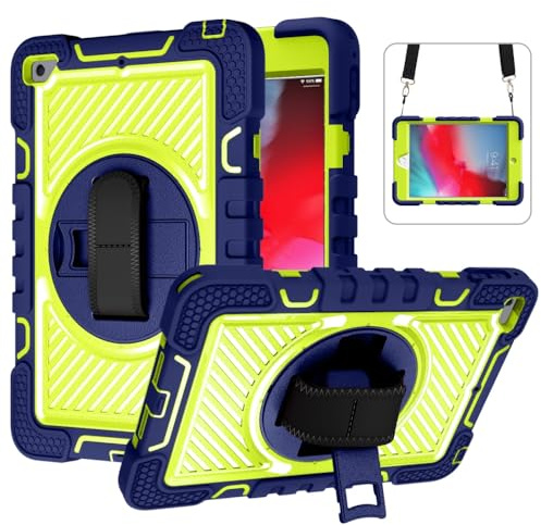 Maikavtouk Case for iPad Mini 5 2019/ Mini 4 2015 (7.9 inch),Built-in 360° Rotating Stand Kids Safe Shockproof Armor Case,Full-Body Protection Rugged Heavy Duty Cover,Hand/Shoulder Strap (Navy/Green)