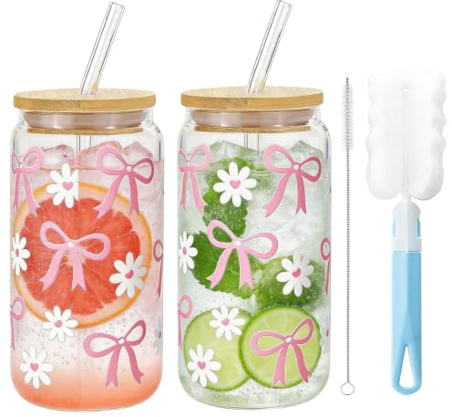 2er Set Glas mit Deckel und Strohhalm 500ml, Eiskaffeebecher Matcha gläser | Borosilikatglas, Bambusdeckel, Glasstrohhalm, kalt & heiß, spülmaschinenfest, 2 Bürsten, Gänseblümchen Schleife Motive