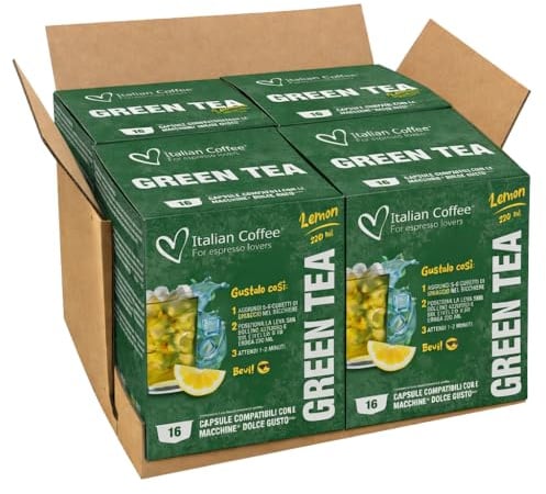 TÈ VERDE LIMONE (64 Capsule) per Nescafé Dolce Gusto, 4 Confezioni da 16 Capsule, Bevanda Fredda al Tè Verde con Limone, Gusto Leggero e Rinfrescante