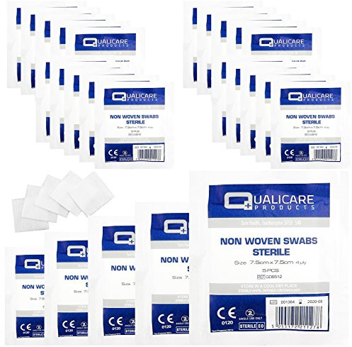 Qualicare None Woven 4PLY Sterile Gauze Medical Swabs Single Pack, 7.5cm x 7.5cm Sqaure - 25 Pack (125 Swabs)