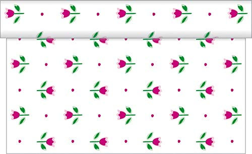 Sovie HOME Tischläufer Tilly aus Linclass Airlaid, 40cm x 4,80m, 1 Stück, perforiert alle 30cm, Design mit kleinen roten Tulpen auf weißem Grund, Frühling Deko