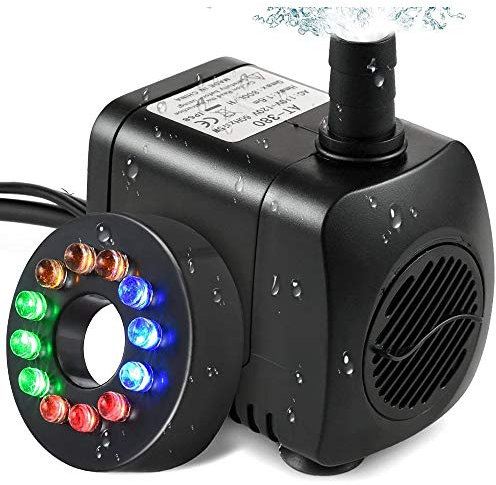 AITOO Submersible Water Pump - [Ultra Quiet] 140 GPH (500L/H,10W) LED Submersible Water Pump Fountain for Fish Tank, Aquarium, Fountain, Pond,12 LED Colorful Pump Lights Nozzle, 4.9 Feet Power Cord