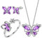 Aurora Tears Schmetterling Halskette/Ohrringe/Ringe Set 925 Sterling Silber Februar Birthstone lila Amethyst Schmuck Set Tiere Schmuck Geschenk für Frauen und Mädchen DS0039P