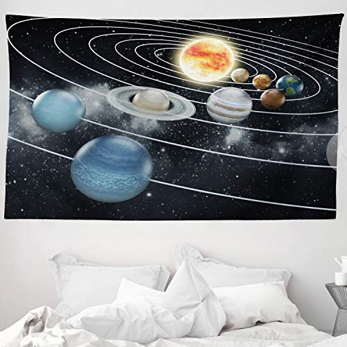 ABAKUHAUS Galaxis Wandteppich und Tagesdecke, Sonnensystem Sonne Planeten aus Weiches Mikrofaser Stoff Waschbar ohne Verblassen Digitaldruck, 230 x 140 cm, Schwarz Grau