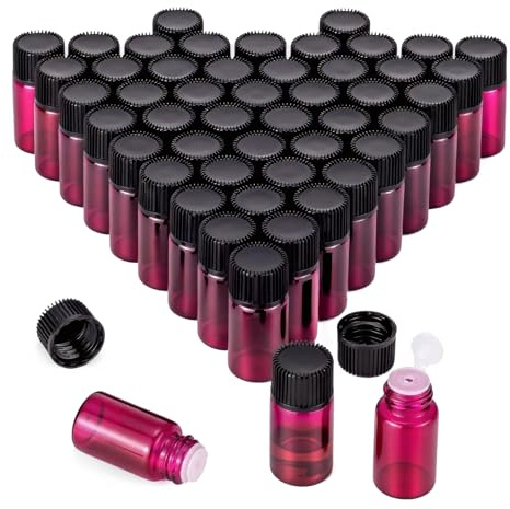 Pxyelec 50 Pack 3ml Portable Rose Red Mini Glass Bottles Sample Bottles with Siamese Stopper and Black Fine Grain Cover for Essential Oils, Liquid, Lotion Sample Vials