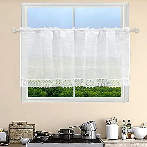 choicehot Kurzgardinen Landhausstil Scheibengardine Leinen Bistrogardine - 90 cm Hoch Gardinen für Küche Fensterschal mit Bestickte Weiß Halbtransparente 1 Stück 90x120 cm (H x B)