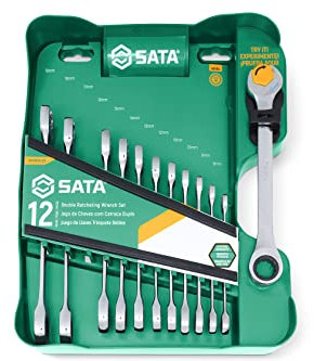 SATA ST09066-02 Juego de Llaves de Carraca Doble Métricas de 12 Piezas, Pulido, 8 mm a 19 mm, con Rejilla de Almacenamiento