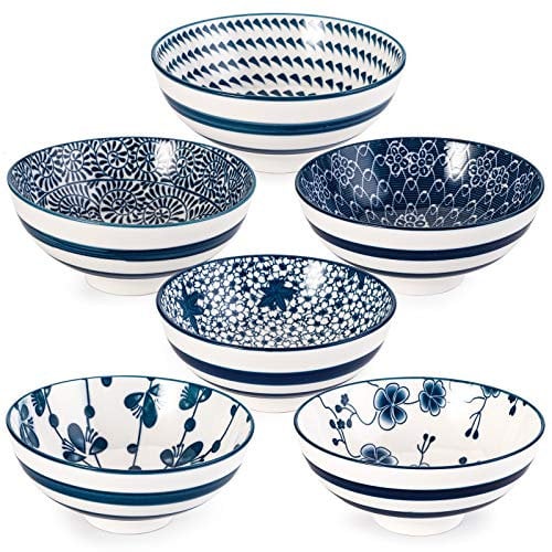 Foraineam Set of 6 Chinese Style Porcelain Cereal Bowls 240ml Blue and White Floral Small Ceramic Bowls Set Japanese Style Soup Bowls for Sushi,Sauce,Snack and Rice