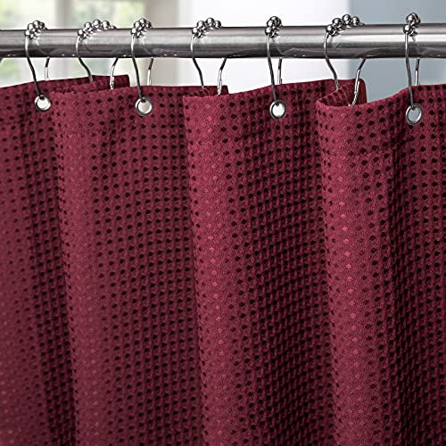 Waffel Duschvorhang mit Metall Duschvorhangringe Stoff Textil Badewannenvorhang Anti Schimmel Bad Vorhang Set Wasserdicht Badewanne Vorhang Schwerer Shower Curtain Badezimmer - 182 x 214cm (Burgundy)