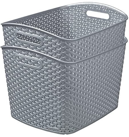 Curver My Style Rattan Effect Set of 2 Kitchen, Living room, Bathroom, Bedroom, Utility X-Large Rectangular Storage Baskets 28 Litres - Light Grey