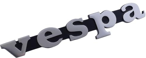Beinschild-Schriftzug schwarz/alu 120x18mm kompatibel mit Vespa PK 1. Serie | Schriftzug in schwarz/alu mit 2 Pins; Lochabstand 60 mm und Maße 120 × 18 mm vor Montage am Beinschild bitte genau prüfen
