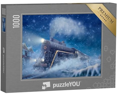 puzzleYOU: Puzzle 1000 Teile „Polarexpress in Einer verschneiten Landschaft, Kleiner Junge, Mann auf dem Zug“ – aus der Puzzle-Kollektion Lokomotive