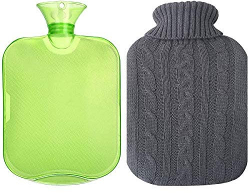Klassische transparente Wärmflasche, 2 Liter Wärmflasche mit Strickbezug für Erwachsene oder Kinder (grün)