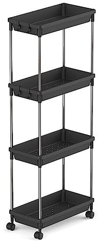 Lifewit Slim Storage Trolley for Narrow Space Bathroom Laundry Room Kitchen, 4 Tier Slide-Out Rolling Trolley Organiser Rack Shelf Cart with Wheels for Space-Saving Organization, Easy Assembly, Black