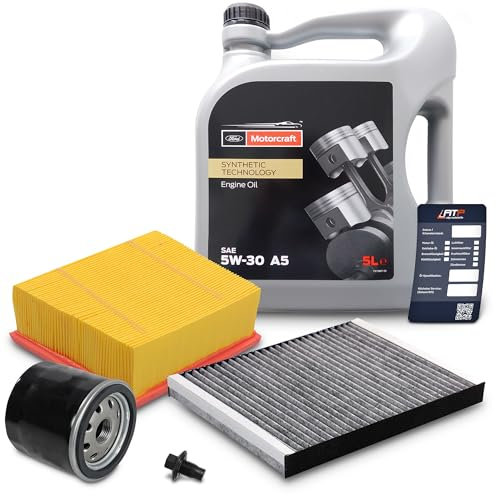 BESTPRICE Inspektionspaket Filterset mit 1x Ölfilter; 1x Innenraumfilter (Aktivkohle); 1x Luftfilter; 1x Ölablassschraube mit Dichtring; 1x Motoröl 5W-30 FORD 5 l; 1x Ölwechselanhänger
