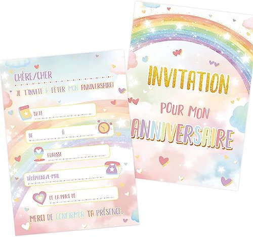 BETESSIN 12 Feuilles Cartes Invitation Anniversaire Multicolore en Français pour Enfants Filles