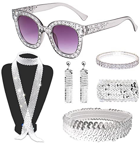 Xerteam 6 Stück 1970er Jahre Disco Zubehör, 70er Jahre Disco Kostüm Set, quadratischer Rahmen Bling Sonnenbrille Ohrringe Langer Schal Pailletten Stirnband Armband Disco Verkleidung Kit