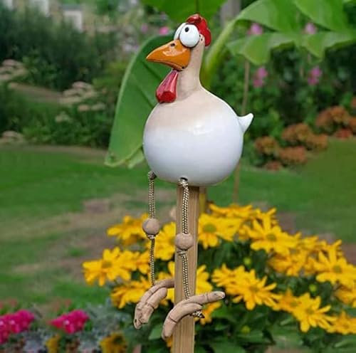 BeyBoss Keramik Huhn Gartendeko, Deko, Tierfigur Gartenstecker Handarbeit Ornament, Gartenstatue Dekorative Henne, Gartenfigur Gartendekoration, 8.5 x 28 x 16cm, Weiss