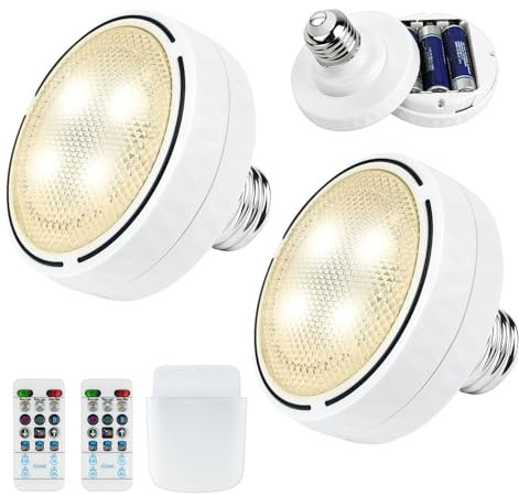 Aolso Pack de 2 Luces Led con Pilas (no Incluidas) y Mando a Distancia, luces LED con pilas con tornillo E26/E27 para accesorios de iluminación sin cable, Cocina,Baños,Interior,Trasteros