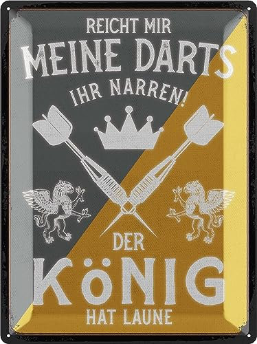 LANOLU XXL Retro Blechschild DARTS - DER KÖNIG HAT LAUNE - Bar und Partykeller Dekoration, Irish Pub Deko, lustiges Geschenk für Männer, vintage Metallschild mit Stanzung und Wölbung, 30x40cm