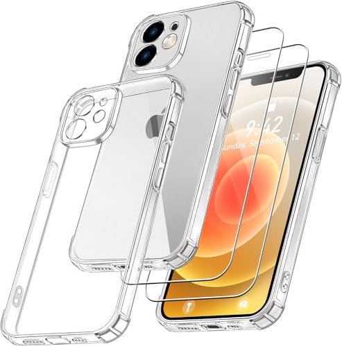 FLLAO Coque Antichoc Compatible avec iPhone 12 et 2 Pièces Protection Écran en Verre Trempé, Étui de Silicone Mince Souple TPU Bumper Coins Renforcés Housse, Transparent