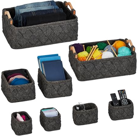 Relaxdays Schrank Organizer, 8-TLG., 4 Größen, Filz, Schubladen Ordnungssystem Kleiderschrank, Ordnungsboxen, dunkelgrau