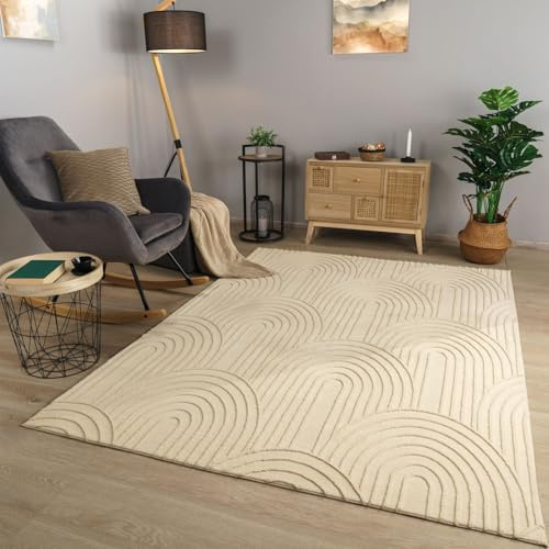TT Home Wohnzimmer Teppich Esszimmer Kurzflor Moderne Geometrische Optik Mit Streifen Skandi Boho Style Flauschig Unifarben, Beige Creme, 160x220 cm