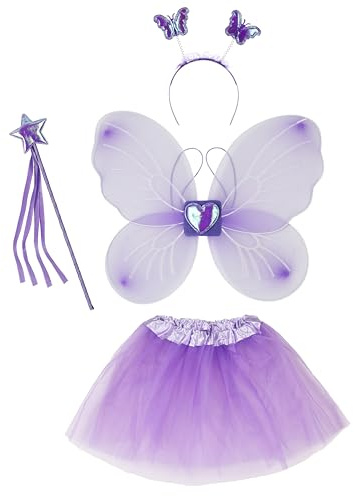 KarneLux Kinder Feen Kostüm Set 4 tlg. für Mädchen - Schmetterling, Prinzessin Verkleidung mit Tütü, Flügeln, Zauberstab und Haarreif für Karneval und Fasching - Alter 3-8 Jahre