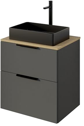 BERNSTEIN Unterschrank in Anthrazit für Aufsatzwaschbecken - 60 x 45,5 x 62 cm - Waschbeckenunterschrank mit 2 Schubladen, mit Waschtischplatte in Eiche, Badschrank Griff in Schwarz