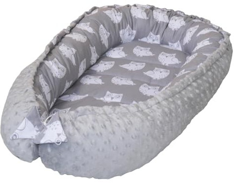 Leanbe Babynest 90x50 cm – Baby Nest - Nestchen für Neugeborene aus Baumwolle & Polyester – Kuschelnest, ideal für Herbst & Winter – Babybett für Indoor & Outdoor (Grau & Eulen)