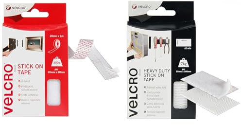 VELCRO Brand VEL60210 - Stick On Hook and Loop Fasteners | Perfect for Home or Office | 20mm x 1m & Brand 2pk Heavy Duty White Stick On Strips 50mm x 100mm, Hook and Loop Tape Self Adhesive
