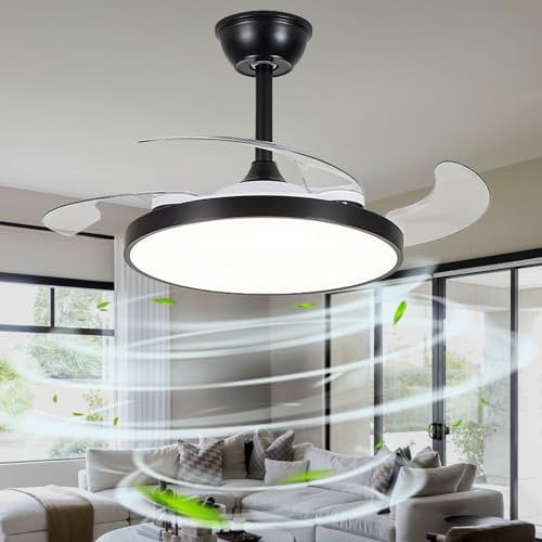Lampadario Con Ventilatore Da Soffitto Invisibile, Pale Retrattile Lampadario Con Ventola Dimmerabile Moderno, Plafoniera Ventilatore Reversibile Salotto Camera Per Bambini-black||95cm