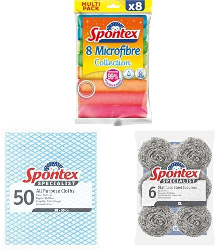 Bundle of SPONTEX - Multi-purpose Microfibers - 8 Microfibers + Spontex Specialist All Purpose Cleaning Cloths, Blue (Pack of 50) + Spontex Specialist Stainless Steel Scourers (Pack of 6)