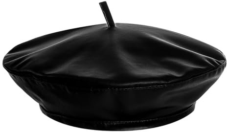 choyaxo Französische Baskenmütze aus PU-Leder für Damen, Schwarz, Einheitsgröße