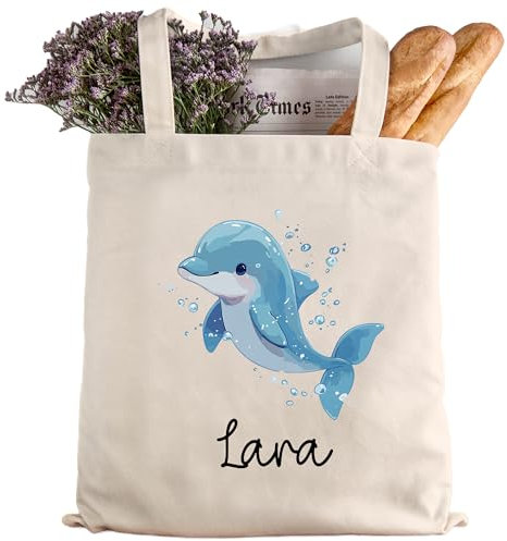 kleinebuchstaben Personalisierte Baumwolltasche Stofftasche mit Wunschname - Kinder Beutel Jutetasche Kindertasche & Wunschname - Wechselwäsche - Tragetasche Jutebeutel (Delfin Delphin)