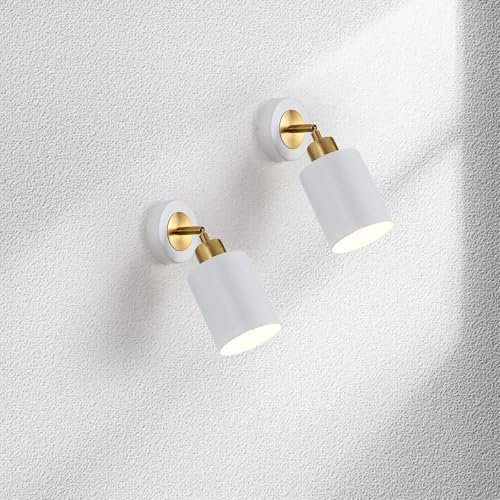 CRFASIBE 2 Pièces Applique Murale Interieur, Industrielle 360° Rotatif Lampe Murale de Chevet Liseuse, Applique Murale Sans Fil pour Chambre Salon(Blanc)