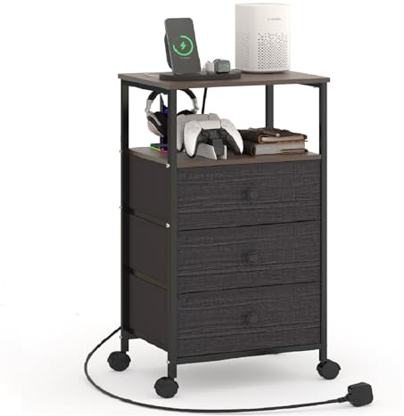 Innotic 5 Etagen Nachttisch mit Rollen,75cm * 29cm * 36cm, Beistelltisch mit Steckdose,3 Schubladen,für Schlafzimmer, Wohnzimmer (Walnuss)