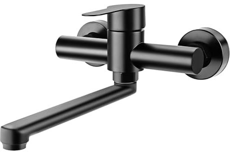 Robinet Mural Cuisine, Robinet Cuisine Mural, Robinet de cuisine rotatif à 360° en acier inoxydable, 304 Cuisine Robinetterie Eau Chaude et Froide, Tube Rotatif 23cm, noir