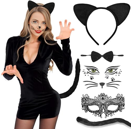 iLuane Katzenohren Haarreif Katzenkostüm Damen, Katze KostüM Cat Ears für Damen, Frauen, Mädchen. Karneval Bereit! Charmantes Katzenkostüm-Set: Zeigen Sie Ihre Glanzvolle Katzenattraktivität!