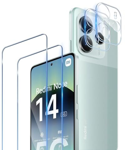 TUTUO Protector de Pantalla para Xiaomi Redmi Note 14 5G, 2+2 Piezas Cristal Templado y Protector Lente de Cámara, Dureza 9H, Antiarañazos, Antihuellas, HD Transparente