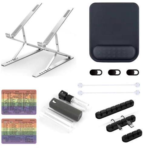 7-Piece Office Laptop Accessory Bundle: Laptop Stand, Ergonomic Mouse Pad, Cable Holder Clips, Webcam Covers, Screen Cleaner Spray, Keyboard Shortcut Stickers, and Magnetic Cords Organizers